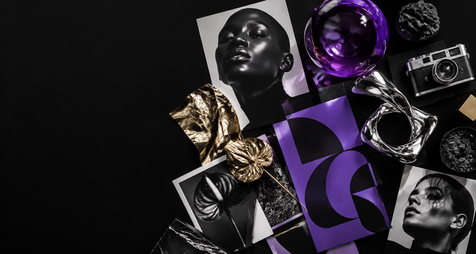 Purple glass, gold sculpture, photography and chrome in a creative studio moodboard